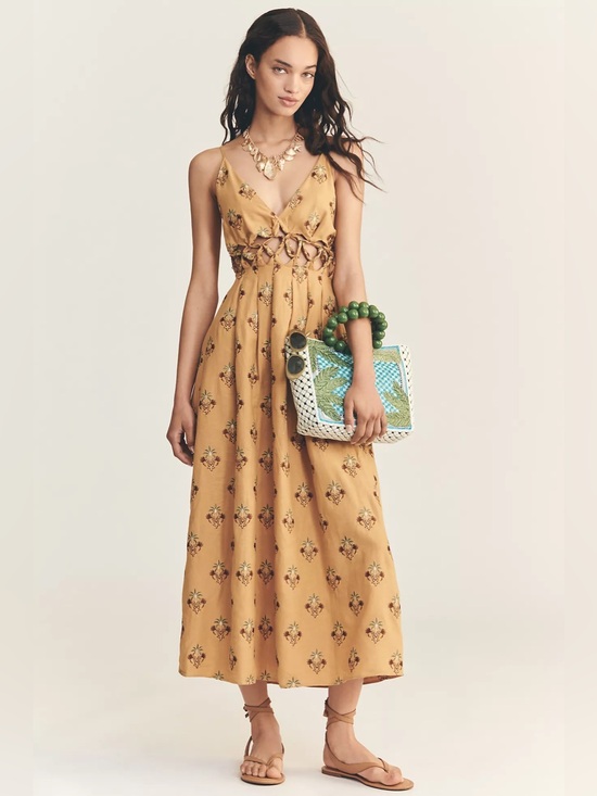 FARM Rio Dresses & Skirts - Farm Rio Printed Linen Blend V-Neck Cutout A-Line Midi Dress Size S